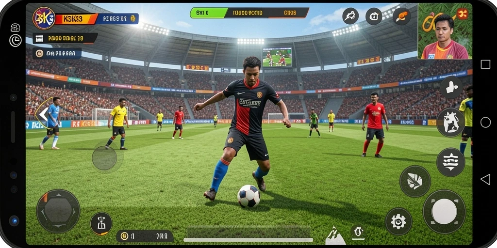 Gameplay K3K3 yang menampilkan aksi sepak bola mendebarkan.