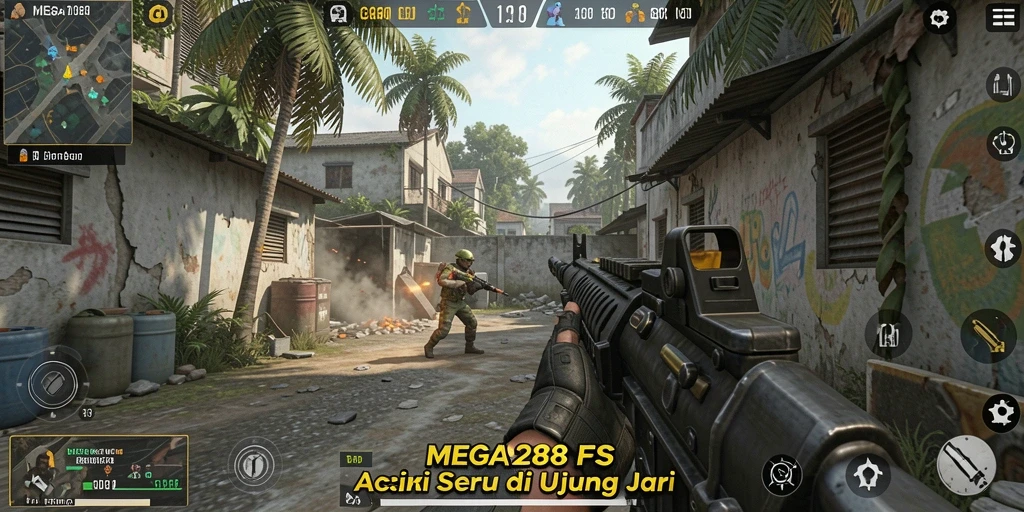 Screenshot MEGA288 menampilkan action-packed gameplay FPS yang mendebarkan.