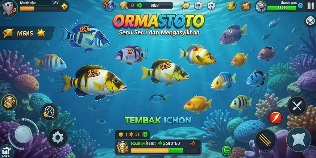 Screenshot gameplay ORMASTOTO menampilkan aksi menembak ikan yang seru.